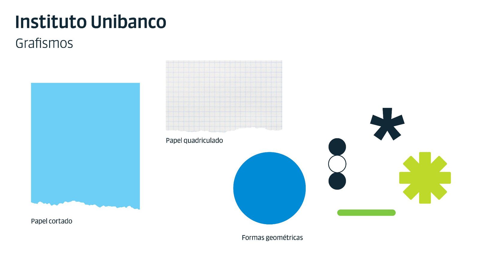 Grafismos do Instituto Unibanco: papel cortado azul-claro, papel quadriculado, formas geométricas como círculo azul, pontos, asterisco e traço verde.